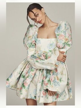 Selkie Cream Floral Puff-Sleeve Mini Dress with Pastel Bouquet